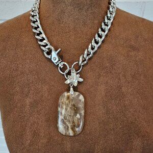 Heavy Silvertone Chain Necklace with Dendritic Quartz Pendant and Bee Charm
